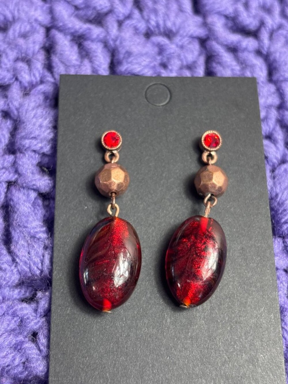 Red Glass Rhinestone Copper Color Bead Dangle Earrings 1.75 inches